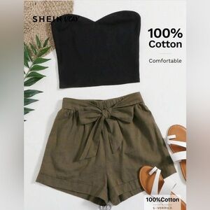 Woman's SHEIN VCAY Solid Tube Top & Belted Shorts Set. Size Small